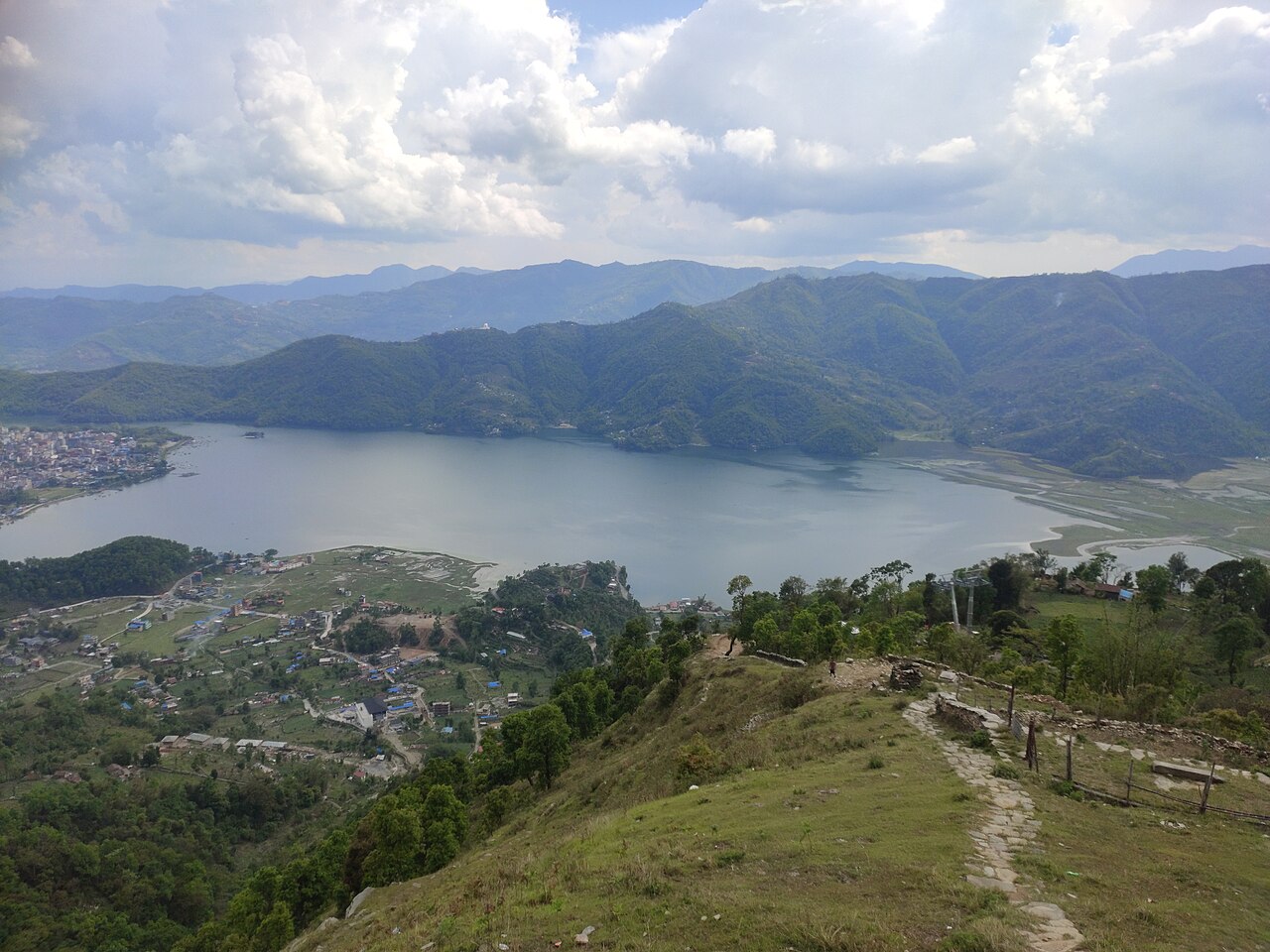 Phewa Lake and the surrounding green hills seen from above Pokhara, Nepal